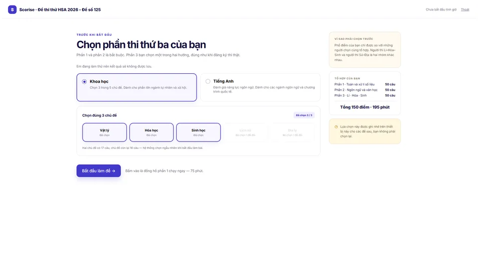 Giao diện Scorise: Chọn tổ hợp như thi thật