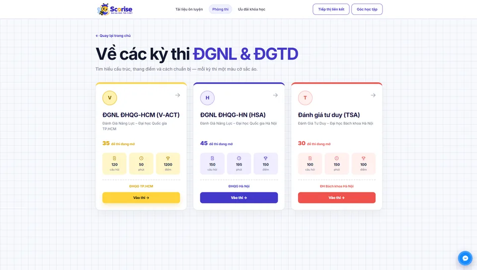 Giao diện Scorise: Phòng thi HSA · TSA · V-ACT